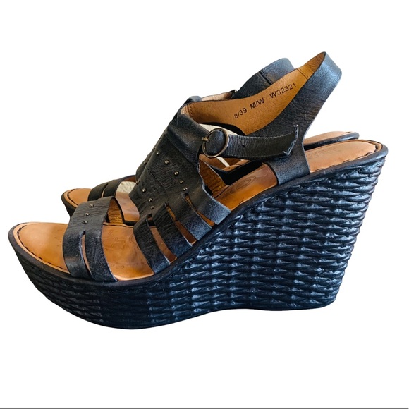 Born Shoes - BORN Black Basket Weave Leather Wedge Sandals